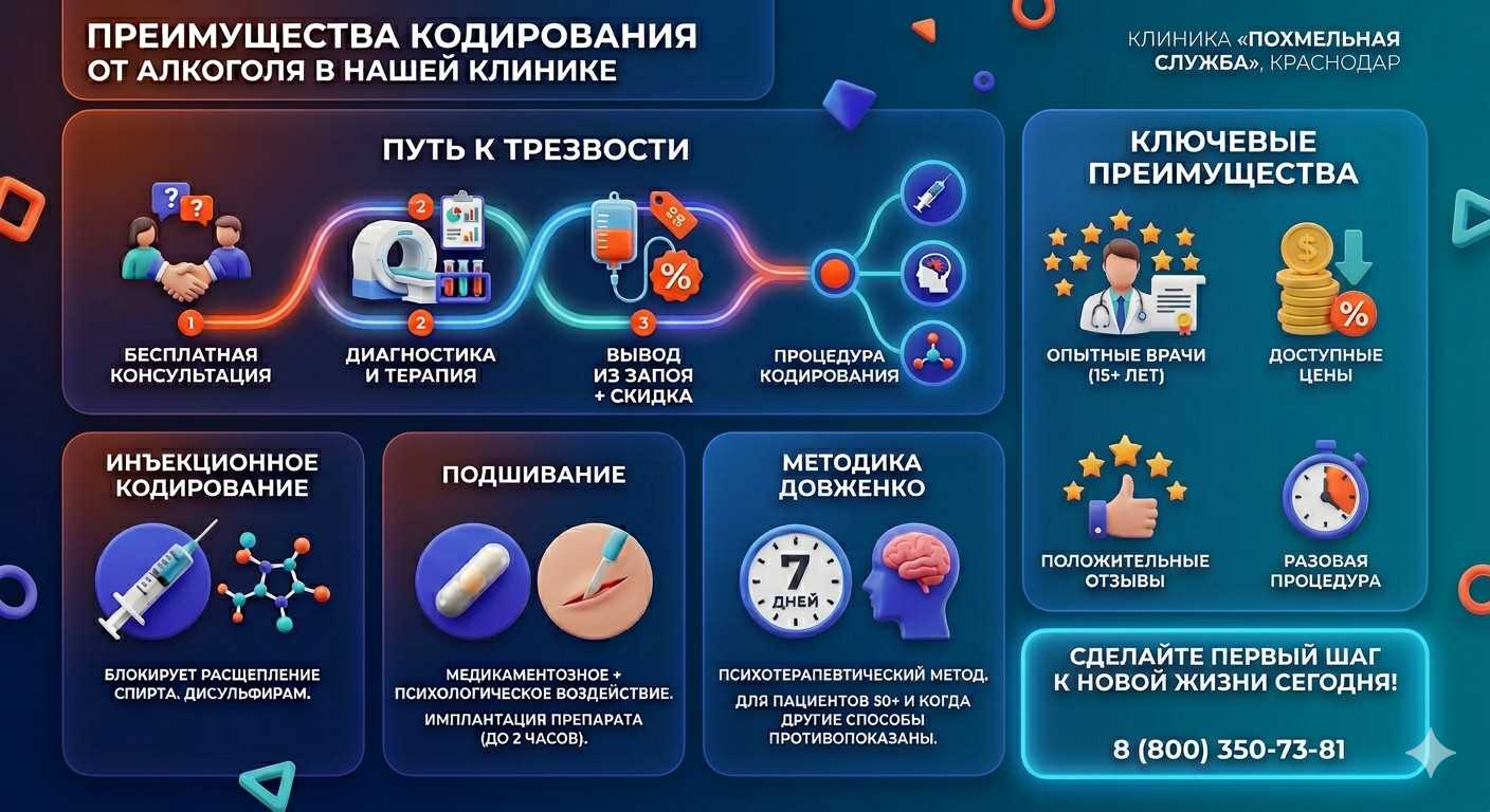 Инфографика о методах кодирования от алкоголя в Кантемировке: инъекции, подшивание, метод Довженко. Преимущества клиники и этапы лечения.